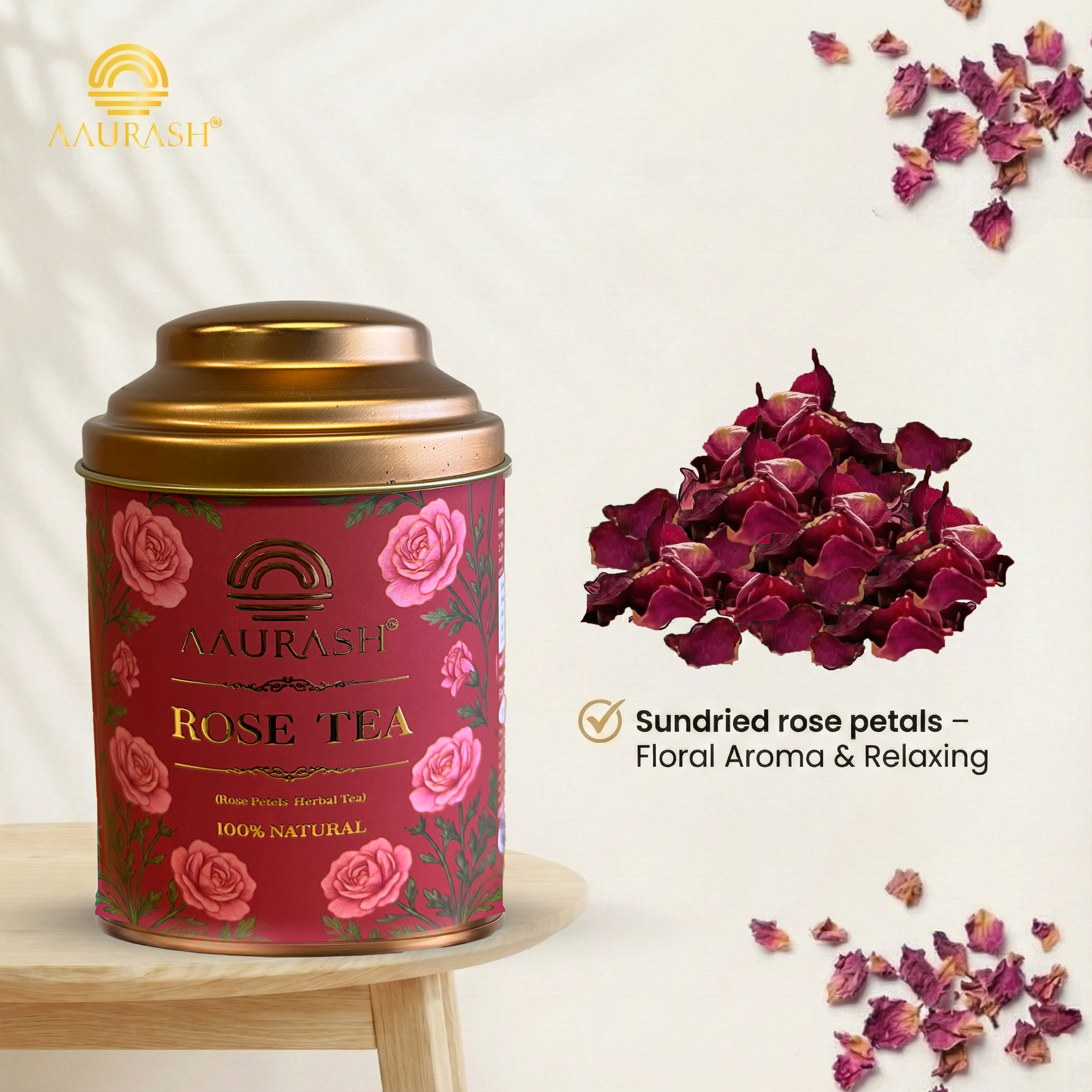Aaurash Rose Tea | Natural Antioxidants | Caffeine Free | Loose Rose Petals (40gm)
