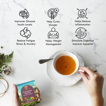 Aaurash Sweet Harmony Herb Blend Tea – Blood Sugar Support Herbal Tea, Caffeine-Free, With Bitter Gourd, Gymnema & Cinnamon | Digestive & Metabolic Wellness | 100 g / 30 Tea Bags