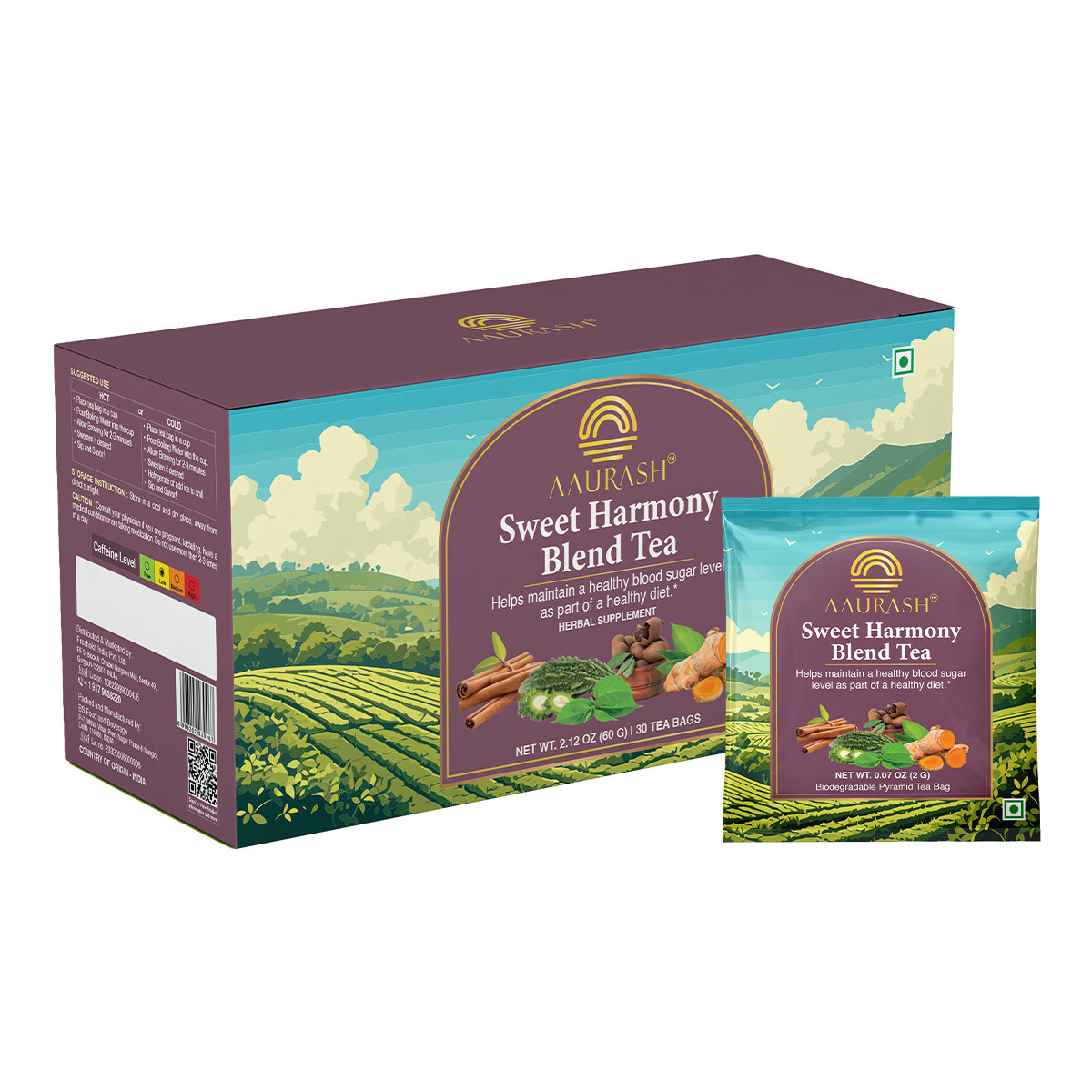 Aaurash Sweet Harmony Herb Blend Tea – Blood Sugar Support Herbal Tea, Caffeine-Free, With Bitter Gourd, Gymnema & Cinnamon | Digestive & Metabolic Wellness | 100 g / 30 Tea Bags