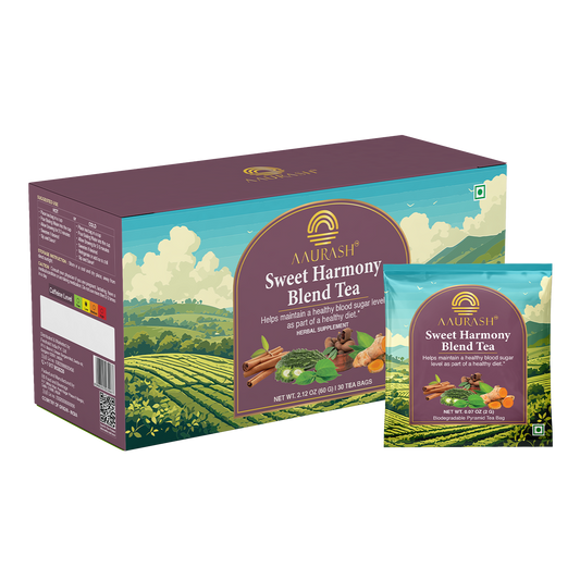 Aaurash Sweet Harmony Herb Blend Tea – Blood Sugar Support Herbal Tea, Caffeine-Free, With Bitter Gourd, Gymnema & Cinnamon | Digestive & Metabolic Wellness | 100 g / 30 Tea Bags