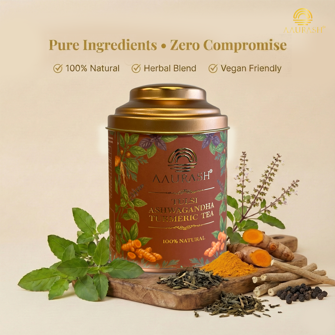 Aaurash Tulsi Ashwagandha Turmeric Tea for Immunity | Naturally Caffeine Free Ashwagandha Herbal Tea (60gm)