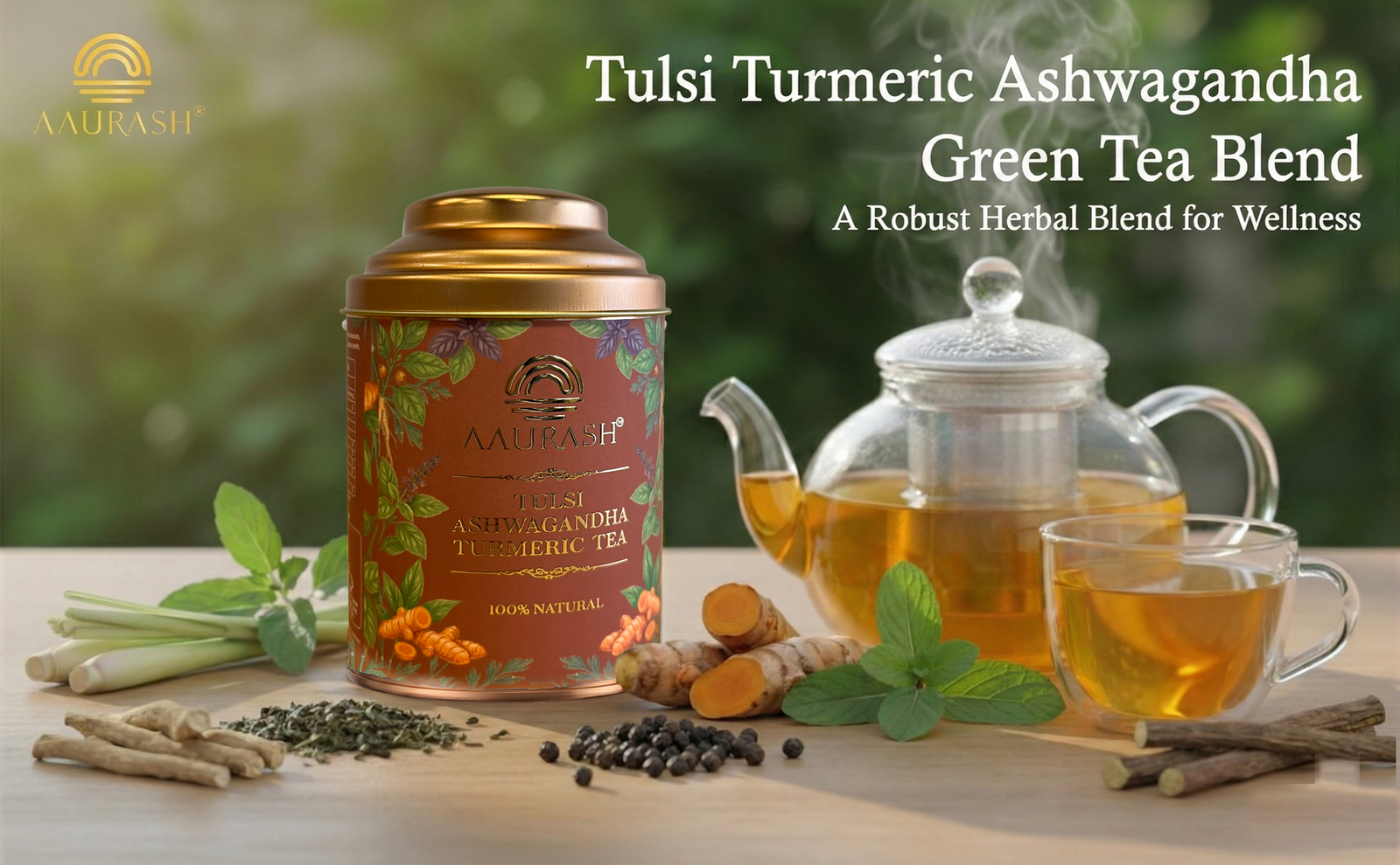 Aaurash Tulsi Ashwagandha Turmeric Tea for Immunity | Naturally Caffeine Free Ashwagandha Herbal Tea (60gm)