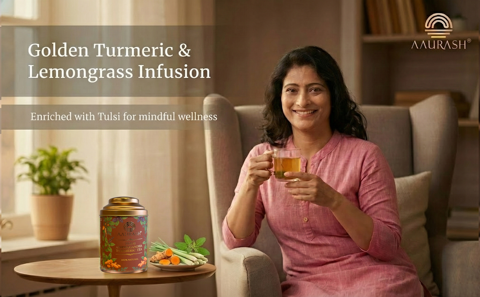 Aaurash Tulsi Ashwagandha Turmeric Tea for Immunity | Naturally Caffeine Free Ashwagandha Herbal Tea (60gm)