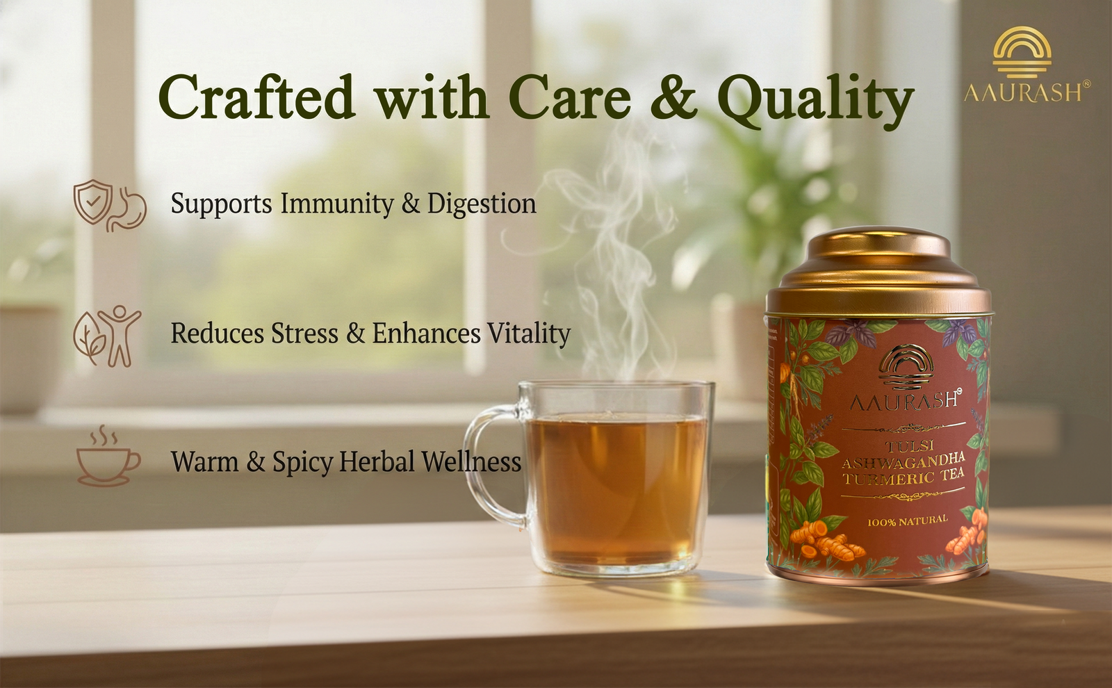 Aaurash Tulsi Ashwagandha Turmeric Tea for Immunity | Naturally Caffeine Free Ashwagandha Herbal Tea (60gm)