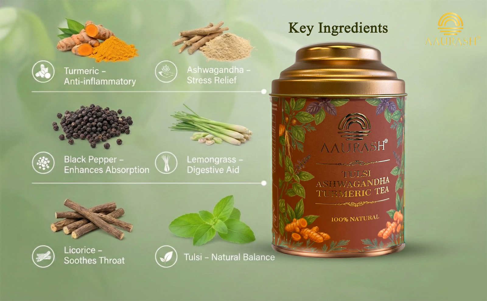 Aaurash Tulsi Ashwagandha Turmeric Tea for Immunity | Naturally Caffeine Free Ashwagandha Herbal Tea (60gm)