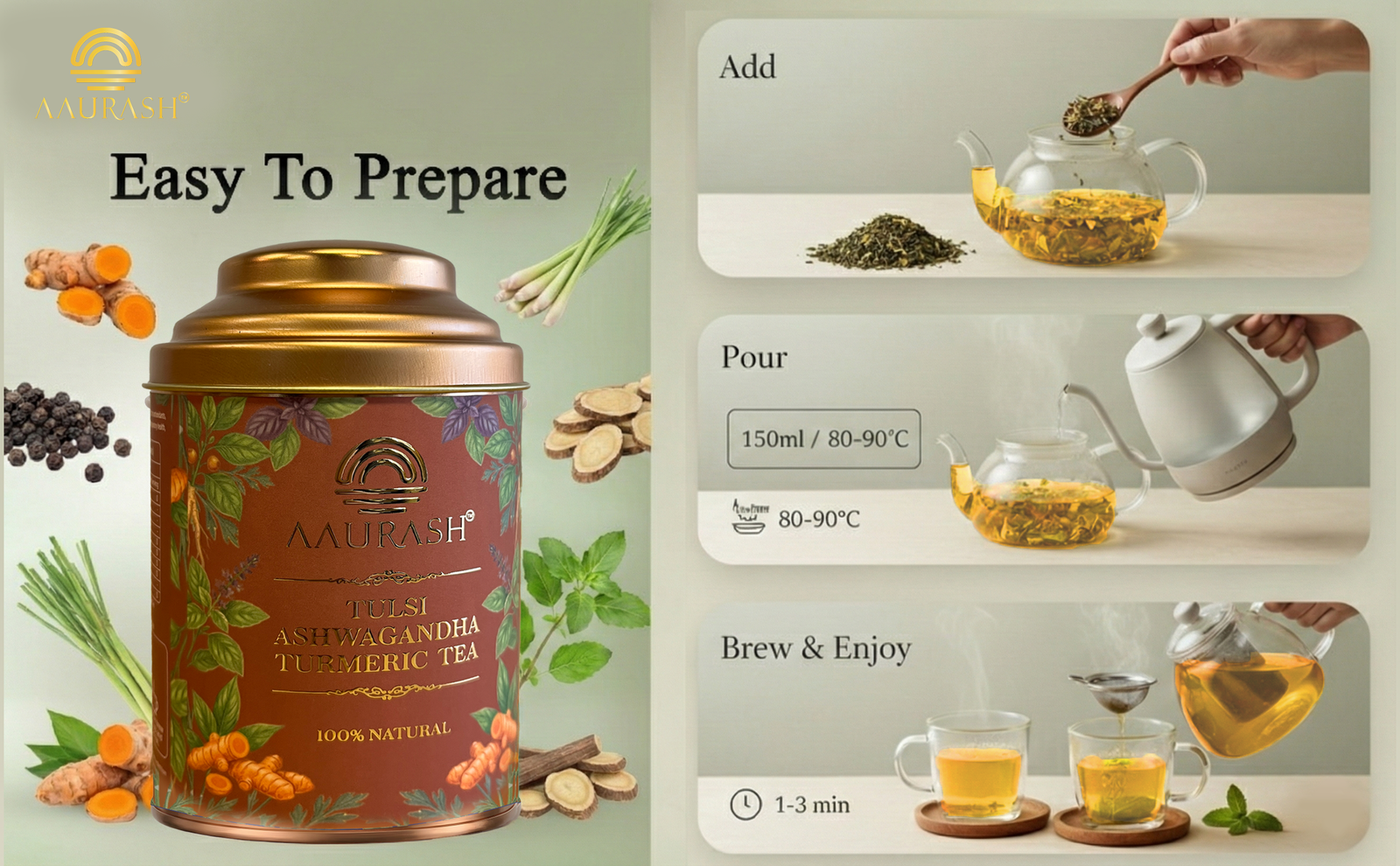Aaurash Tulsi Ashwagandha Turmeric Tea for Immunity | Naturally Caffeine Free Ashwagandha Herbal Tea (60gm)