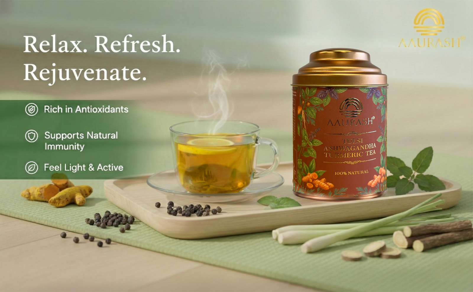 Aaurash Tulsi Ashwagandha Turmeric Tea for Immunity | Naturally Caffeine Free Ashwagandha Herbal Tea (60gm)
