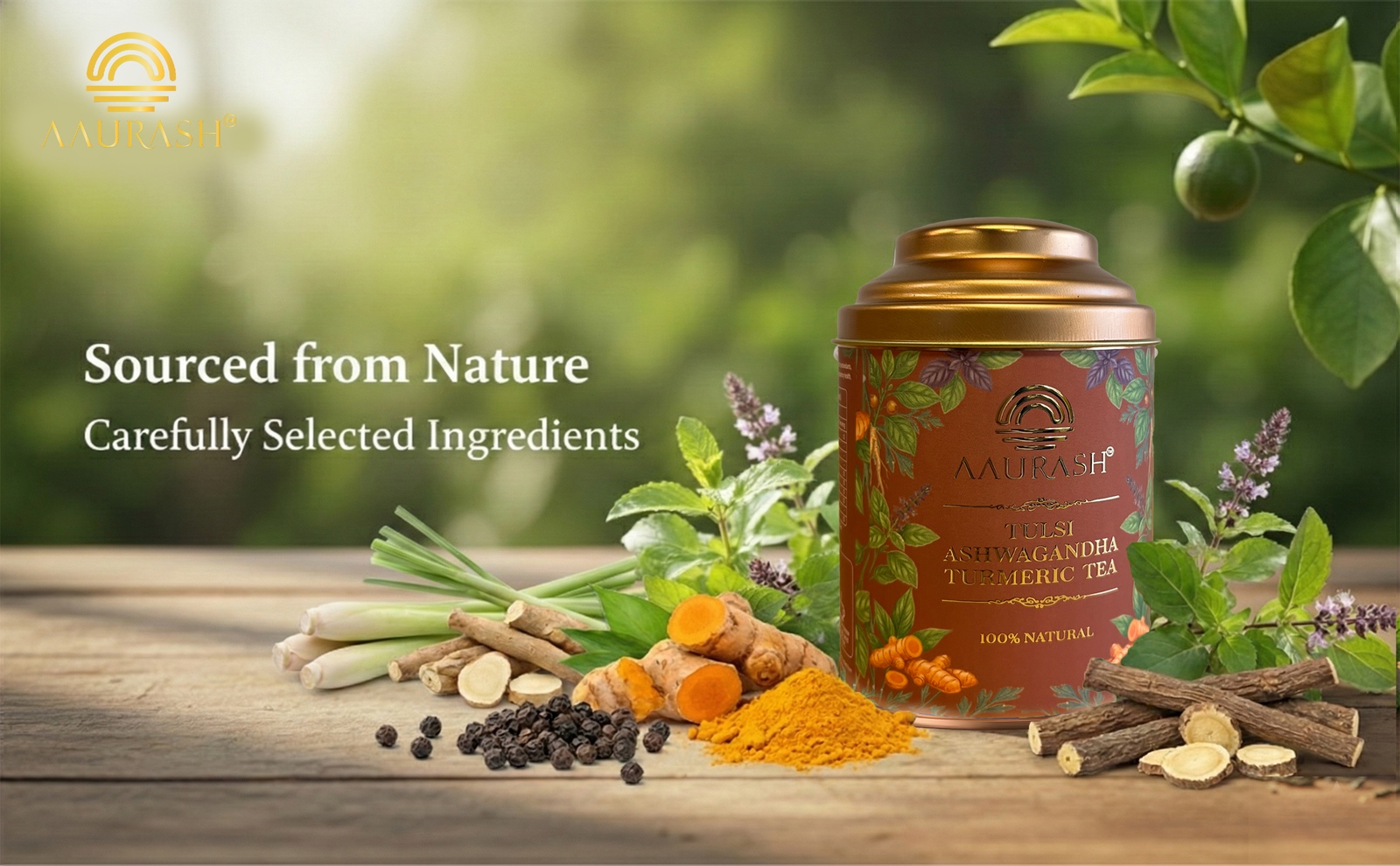 Aaurash Tulsi Ashwagandha Turmeric Tea for Immunity | Naturally Caffeine Free Ashwagandha Herbal Tea (60gm)