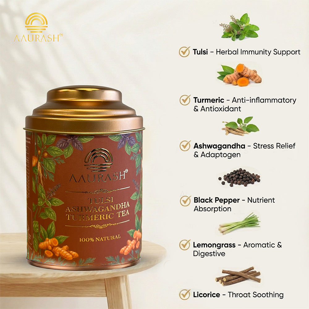 Aaurash Tulsi Ashwagandha Turmeric Tea for Immunity | Naturally Caffeine Free Ashwagandha Herbal Tea (60gm)