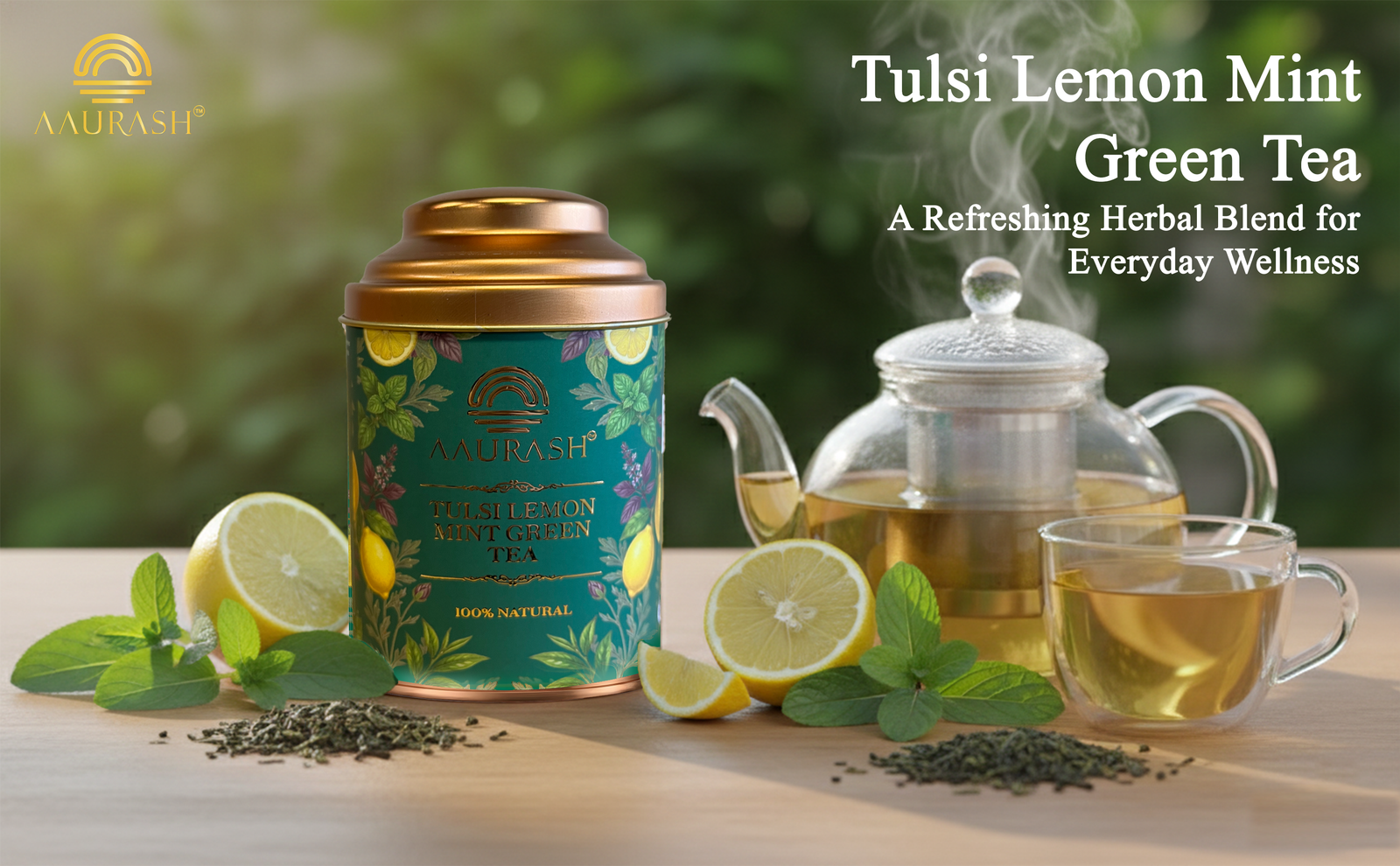 Aaurash Tulsi Lemon Mint Green Tea | Lemon Mint Flavor | Refreshing Blend | Loose Tea Tulsi Herbal Tea Tin (60 g)