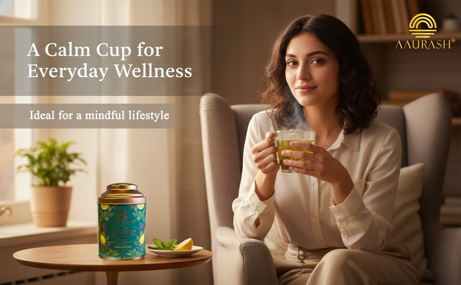 Aaurash Tulsi Lemon Mint Green Tea | Lemon Mint Flavor | Refreshing Blend | Loose Tea Tulsi Herbal Tea Tin (60 g)