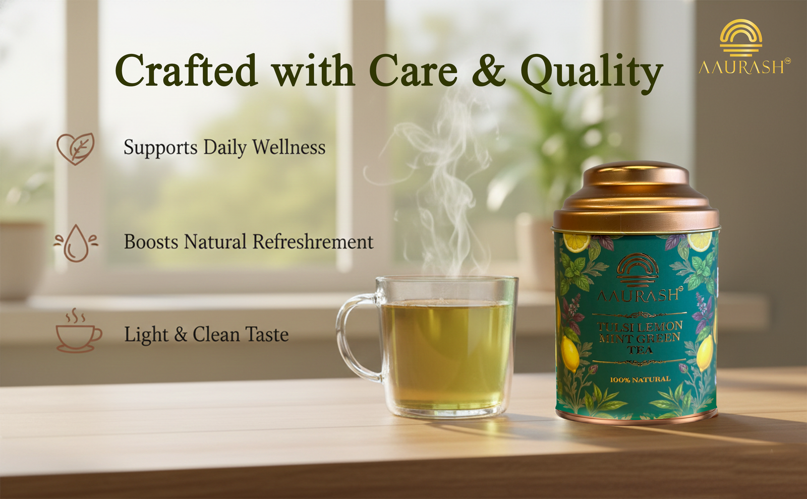 Aaurash Tulsi Lemon Mint Green Tea | Lemon Mint Flavor | Refreshing Blend | Loose Tea Tulsi Herbal Tea Tin (60 g)