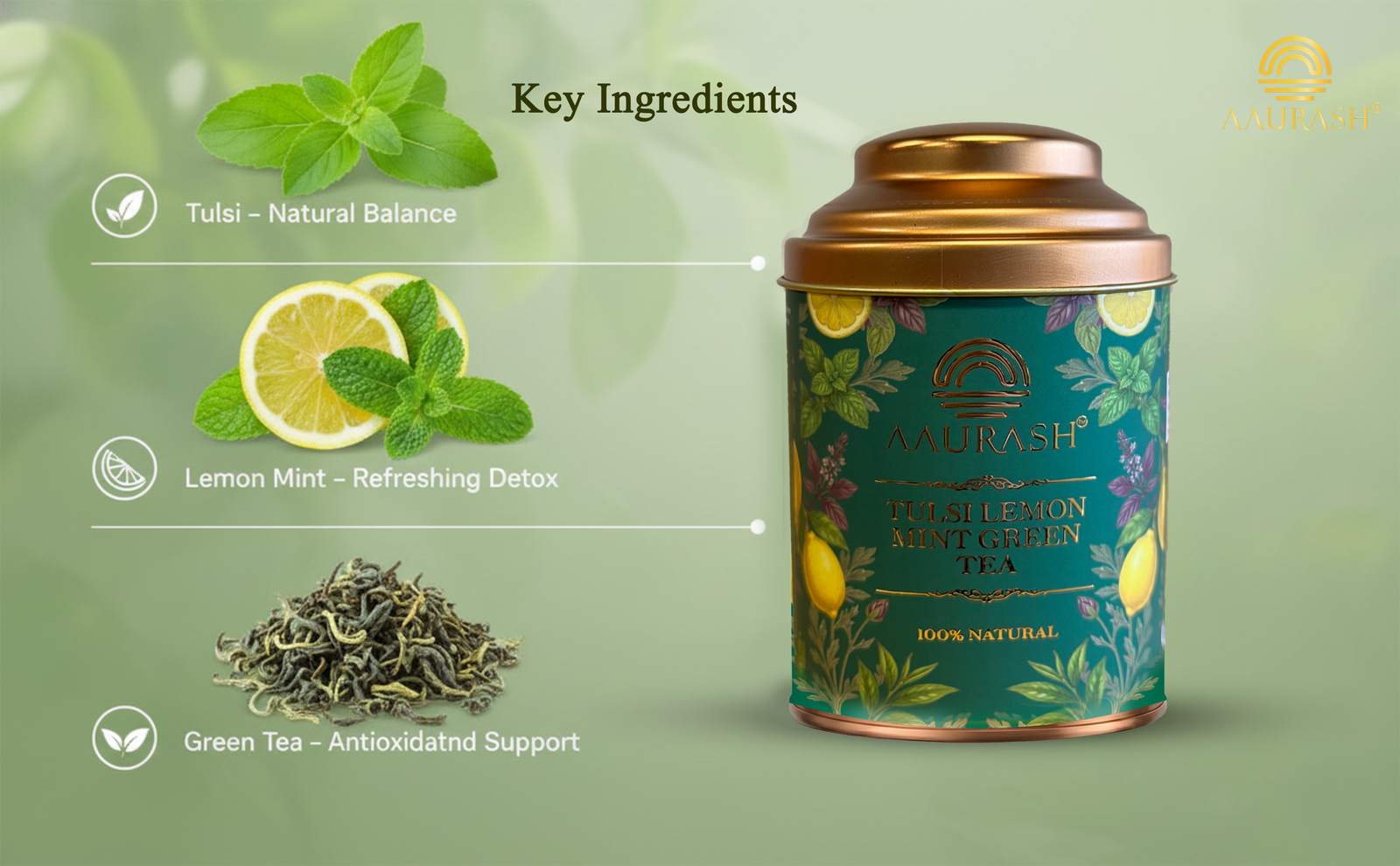 Aaurash Tulsi Lemon Mint Green Tea | Lemon Mint Flavor | Refreshing Blend | Loose Tea Tulsi Herbal Tea Tin (60 g)