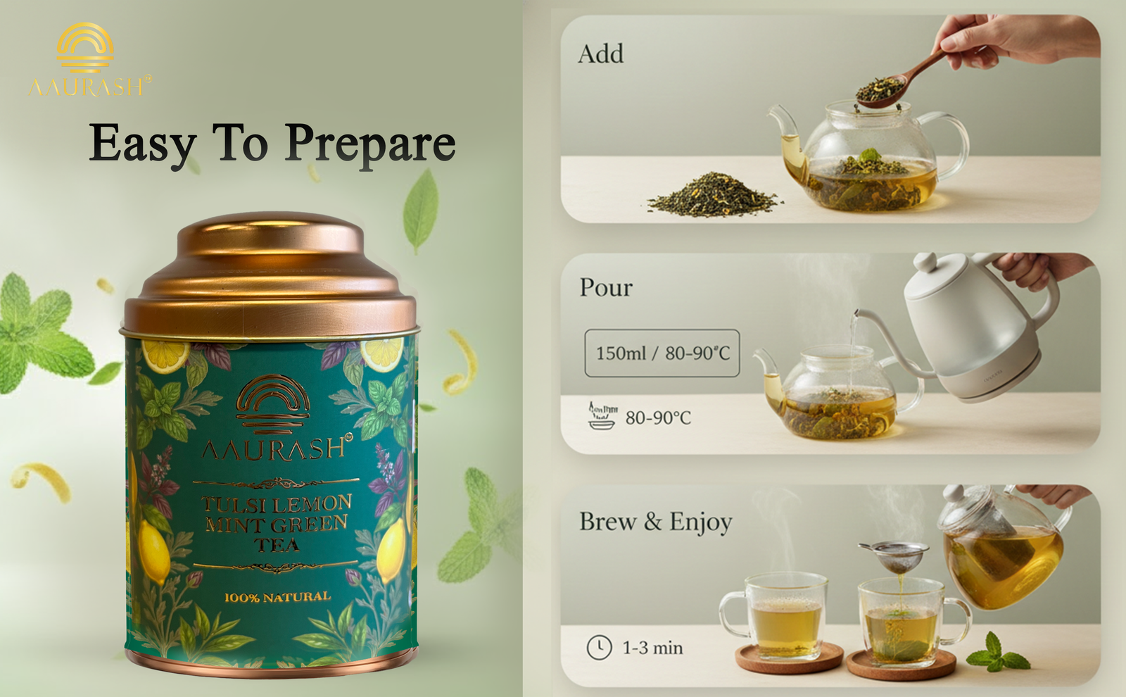Aaurash Tulsi Lemon Mint Green Tea | Lemon Mint Flavor | Refreshing Blend | Loose Tea Tulsi Herbal Tea Tin (60 g)