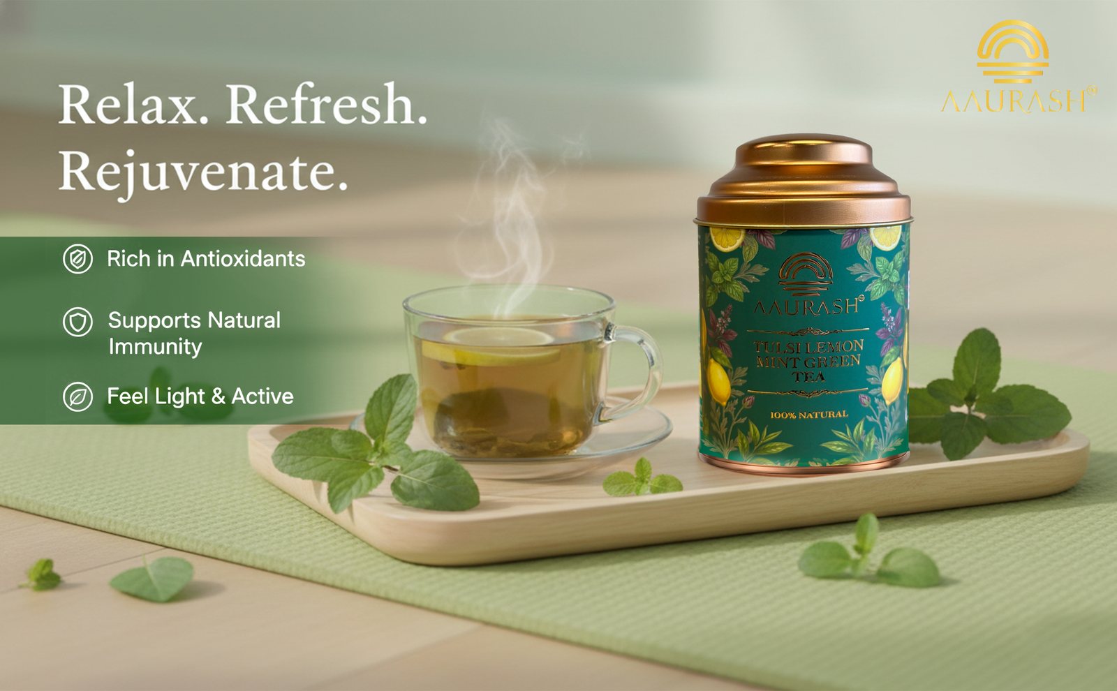 Aaurash Tulsi Lemon Mint Green Tea | Lemon Mint Flavor | Refreshing Blend | Loose Tea Tulsi Herbal Tea Tin (60 g)
