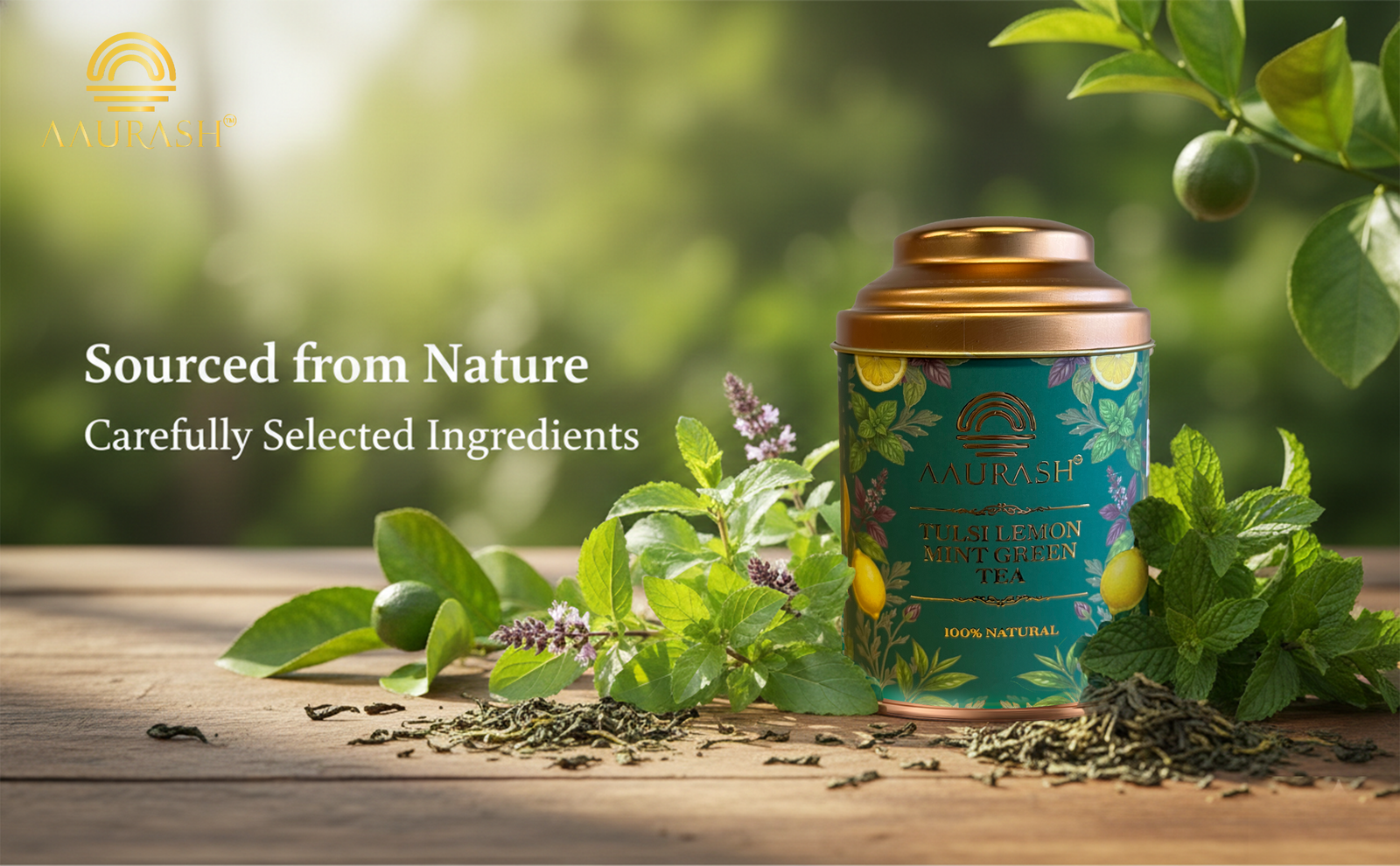 Aaurash Tulsi Lemon Mint Green Tea | Lemon Mint Flavor | Refreshing Blend | Loose Tea Tulsi Herbal Tea Tin (60 g)