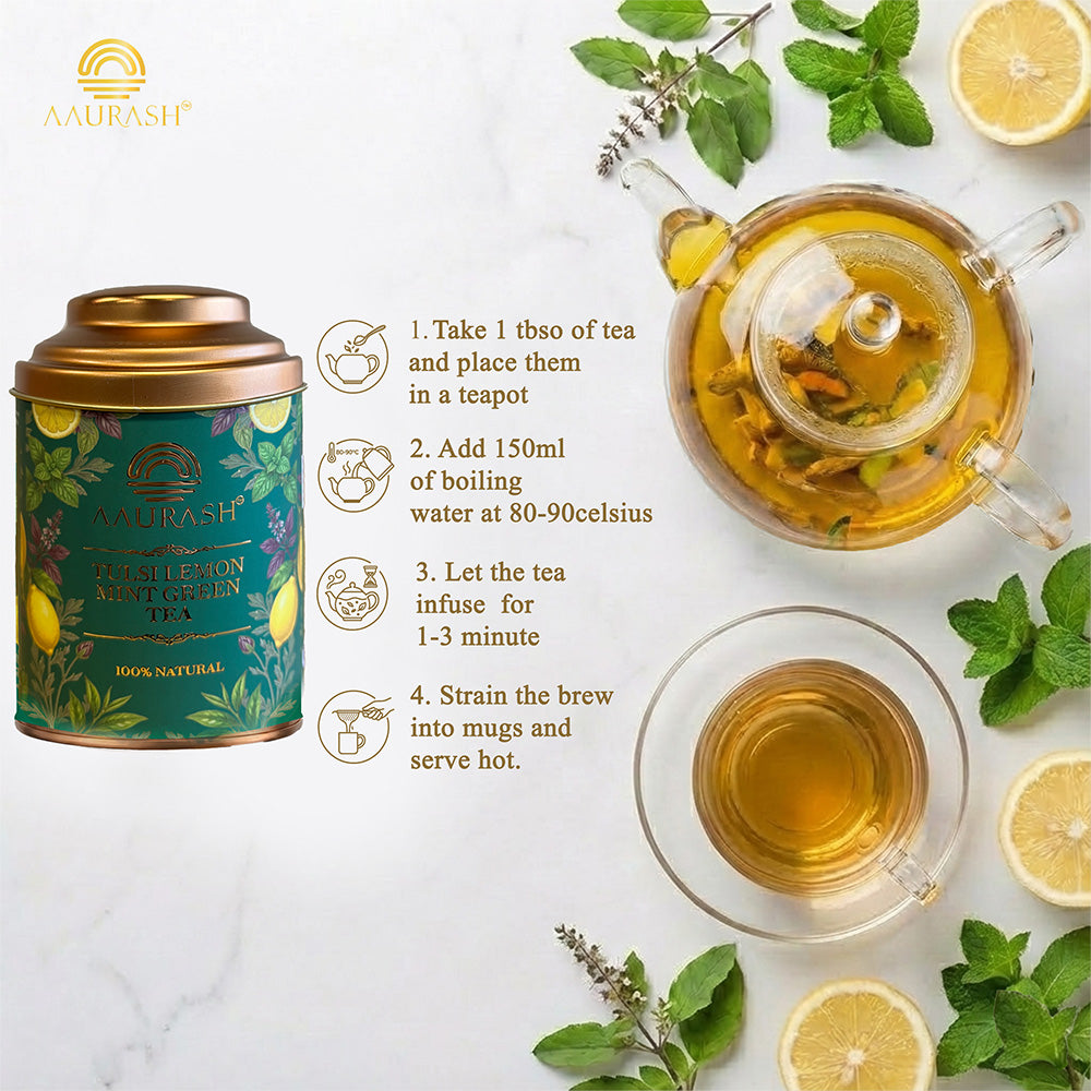 Aaurash Wellness Tea Combo | Tulsi Ashwagandha Turmeric Herbal Tea & Tulsi Lemon Mint Green Tea | Refreshing, Naturally Caffeine Free | Loose Leaf Tea