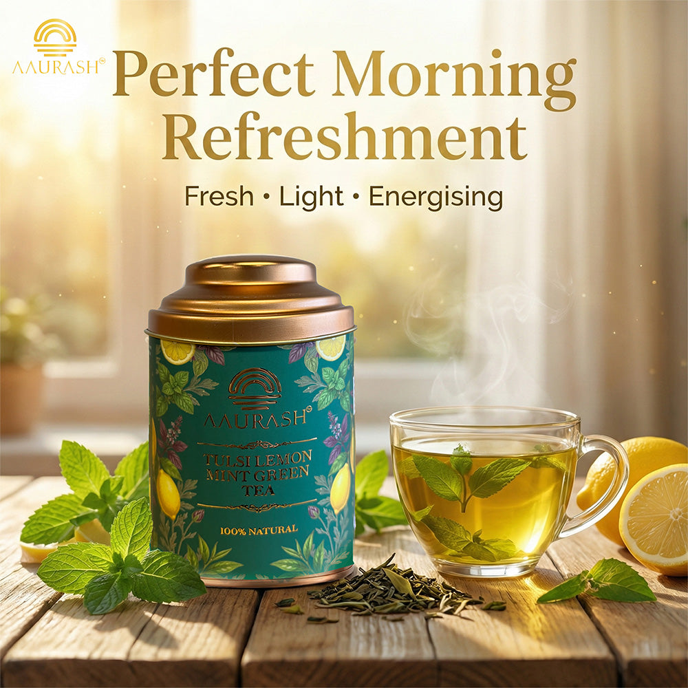 Aaurash Tulsi Lemon Mint Green Tea | Lemon Mint Flavor | Refreshing Blend | Loose Tea Tulsi Herbal Tea Tin (60 g)