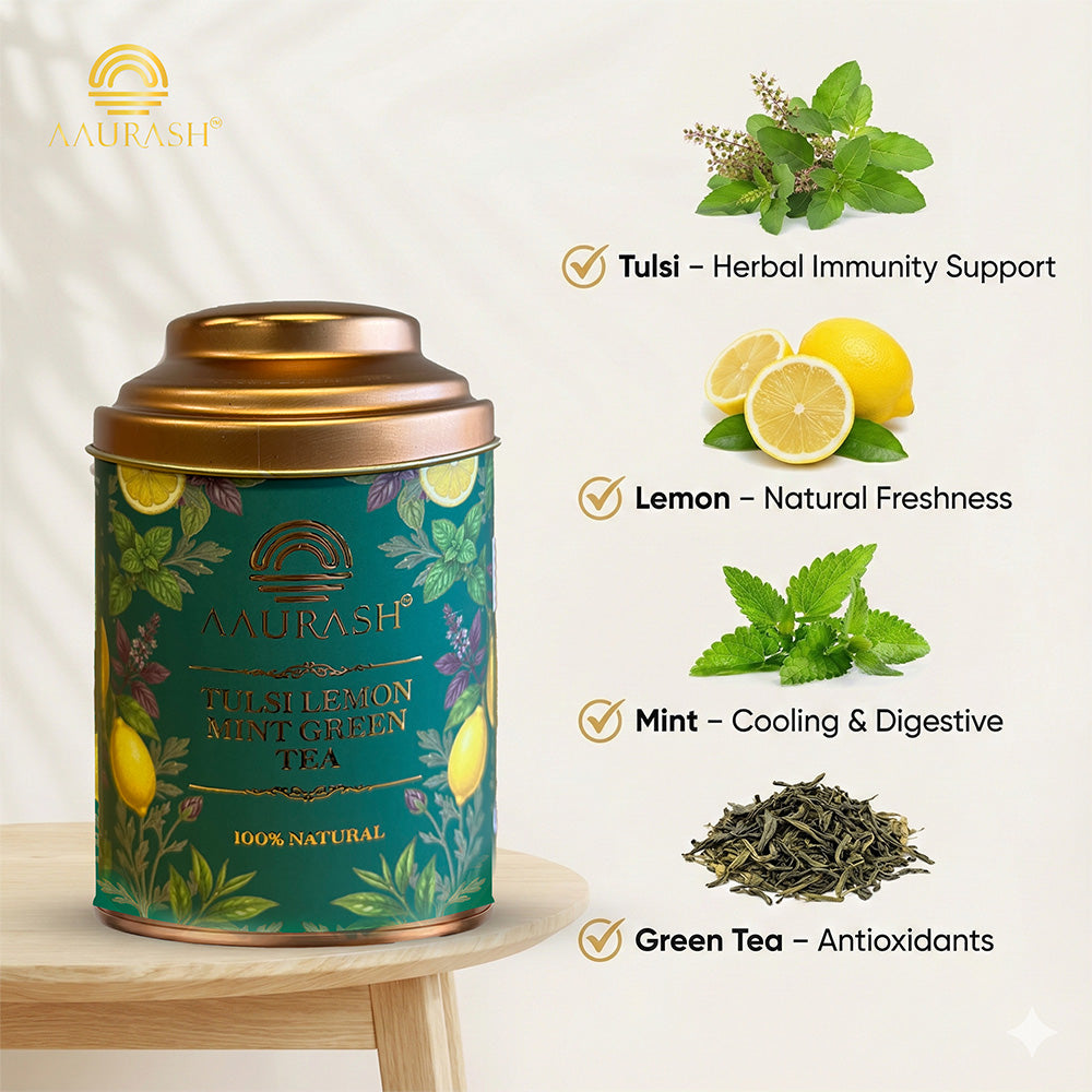 Aaurash Tulsi Lemon Mint Green Tea | Lemon Mint Flavor | Refreshing Blend | Loose Tea Tulsi Herbal Tea Tin (60 g)