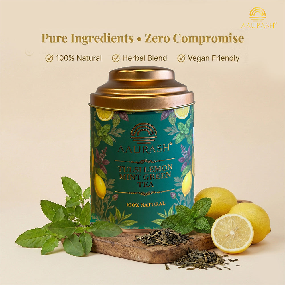 Aaurash Tulsi Lemon Mint Green Tea | Lemon Mint Flavor | Refreshing Blend | Loose Tea Tulsi Herbal Tea Tin (60 g)