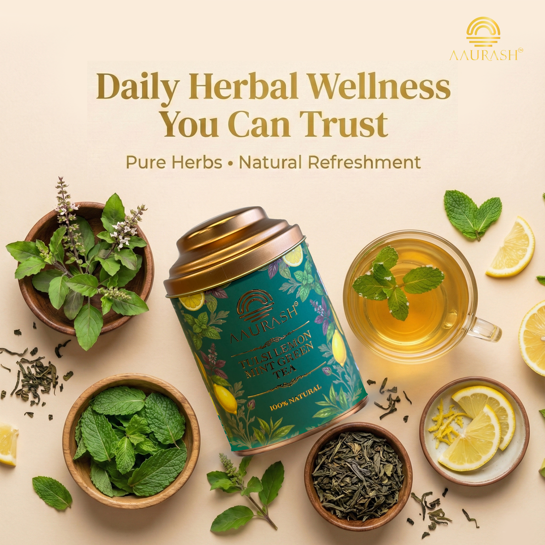 Aaurash Tulsi Lemon Mint Green Tea | Lemon Mint Flavor | Refreshing Blend | Loose Tea Tulsi Herbal Tea Tin (60 g)