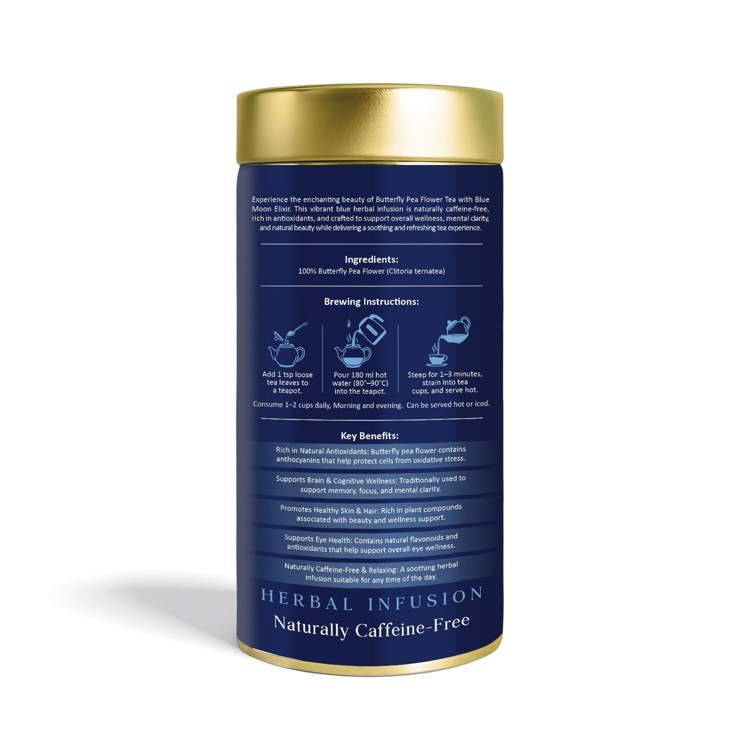 Lune & Leaf Blue Moon Elixir Herbal Tea | Premium Butterfly Pea Flower Infusion | Naturally Caffeine-Free Blue Tea | Floral Herbal Brew | Hot & Iced Tea