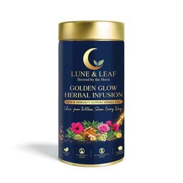 Lune & Leaf Golden Glow Herbal Infusion Tea | Turmeric, Tulsi, Moringa, Amla & Green Tea Blend | Aromatic Herbal Tea with Botanical Ingredients | Hot & Iced Brew