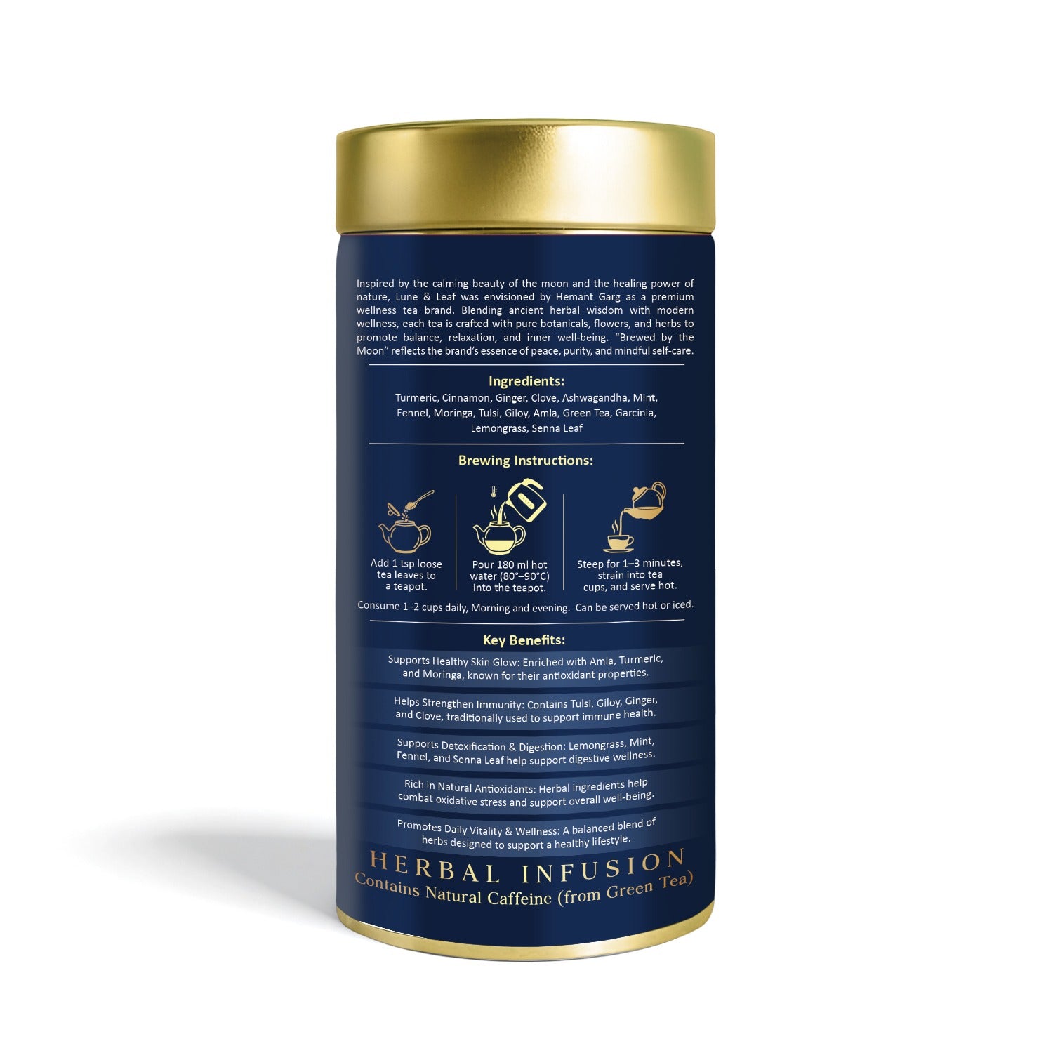 Lune & Leaf Golden Glow Herbal Infusion Tea | Turmeric, Tulsi, Moringa, Amla & Green Tea Blend | Aromatic Herbal Tea with Botanical Ingredients | Hot & Iced Brew