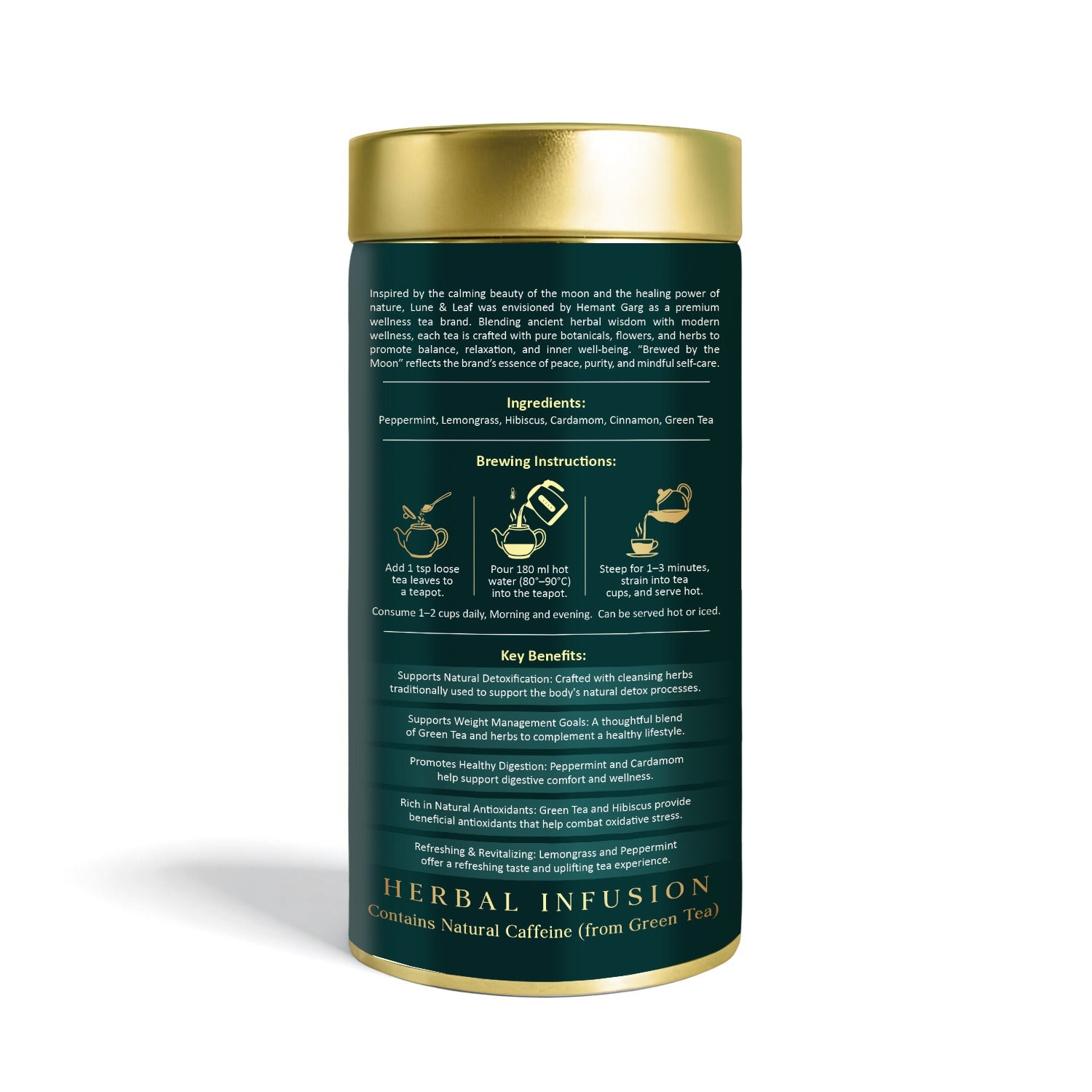 Lune & Leaf Lunar Detox Herbal Tea | Peppermint, Lemongrass, Hibiscus, Cardamom, Cinnamon & Green Tea Blend | Refreshing Herbal Infusion | Hot & Iced Tea