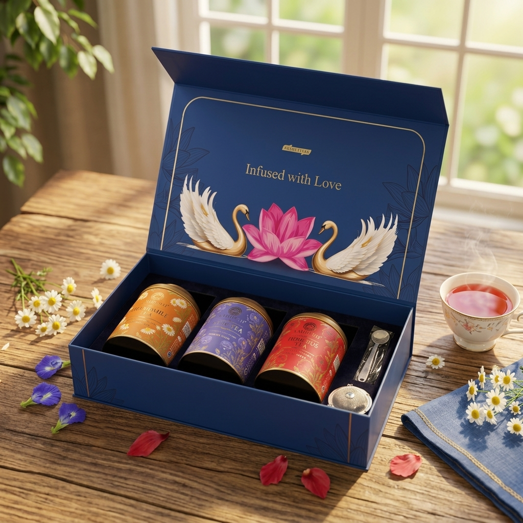 Aaurash Premium Floral Herbal Tea Gift Set – Chamomile, Blue Pea & Hibiscus Tea Combo with Infuser