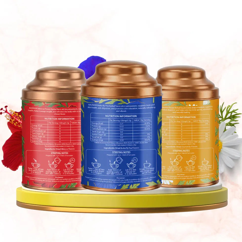 Aaurash Chamomile Tea, Blue Tea & Hibiscus Combo | 100% Natural Flower Tea | Caffeine-Free Herbal Wellness Tea | Supports Relaxation, Skin Health & Detox | Rich in An