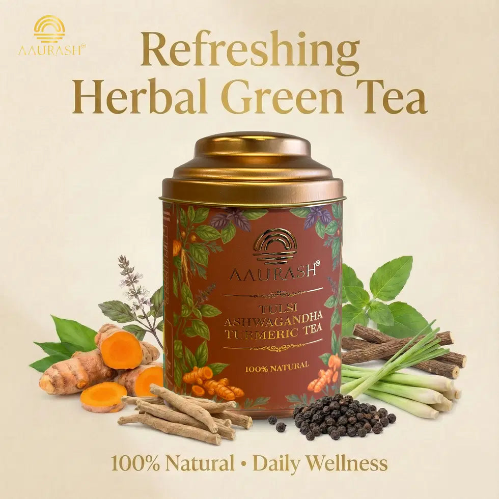 Aaurash Tulsi Ashwagandha Turmeric Tea for Immunity | Naturally Caffeine Free Ashwagandha Herbal Tea (60gm)