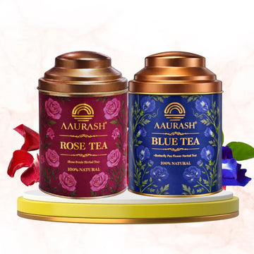 Aaurash Rose Tea & Blue Tea Combo | Natural Flower Tea | Supports Relaxation, Skin Glow & Detox | Caffeine-Free Herbal Tea