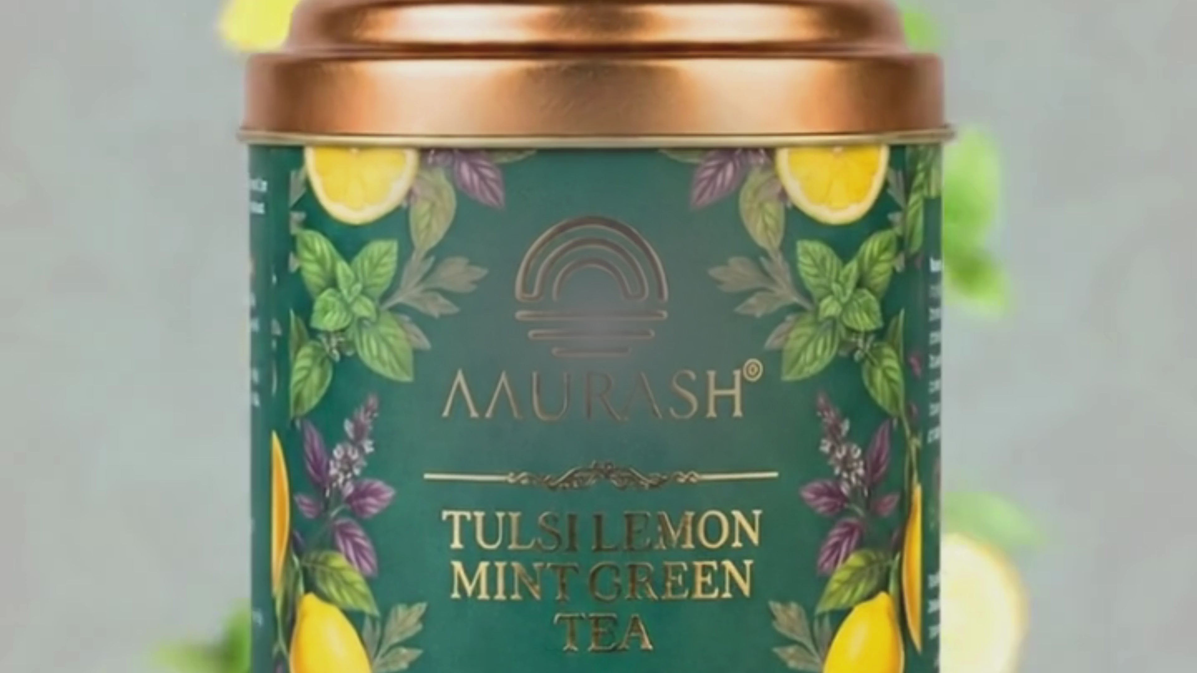 Aaurash Tulsi Lemon Mint Green Tea | Lemon Mint Flavor | Refreshing Blend | Loose Tea Tulsi Herbal Tea Tin (60 g)