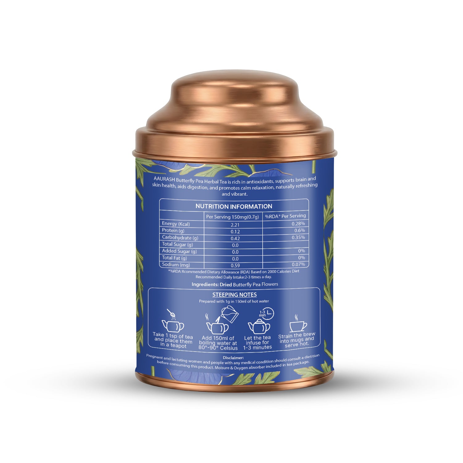 Aaurash Blue Tea | Butterfly Pea Flower | Rich Color & Antioxidant Support Blue Tea (40gm)