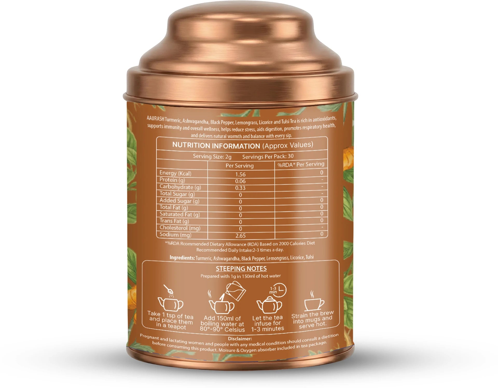 Aaurash Tulsi Ashwagandha Turmeric Tea for Immunity | Naturally Caffeine Free Ashwagandha Herbal Tea (60gm)