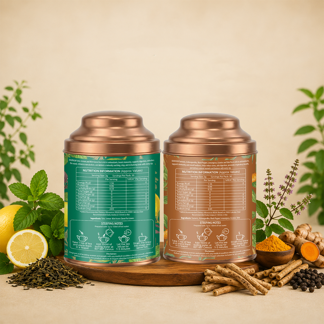 Aaurash Wellness Tea Combo | Tulsi Ashwagandha Turmeric Herbal Tea & Tulsi Lemon Mint Green Tea | Refreshing, Naturally Caffeine Free | Loose Leaf Tea